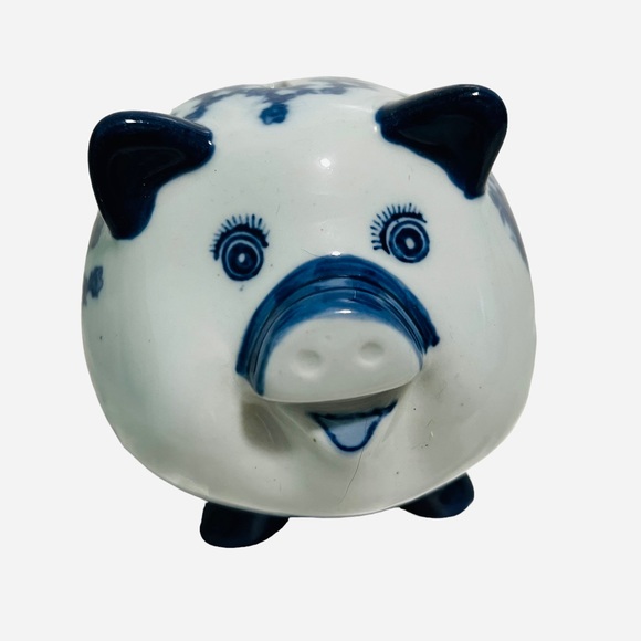 Vintage Delft Style Cobalt Blue Hand-painted Ceramic Piggy Bank - Picture 2 of 7